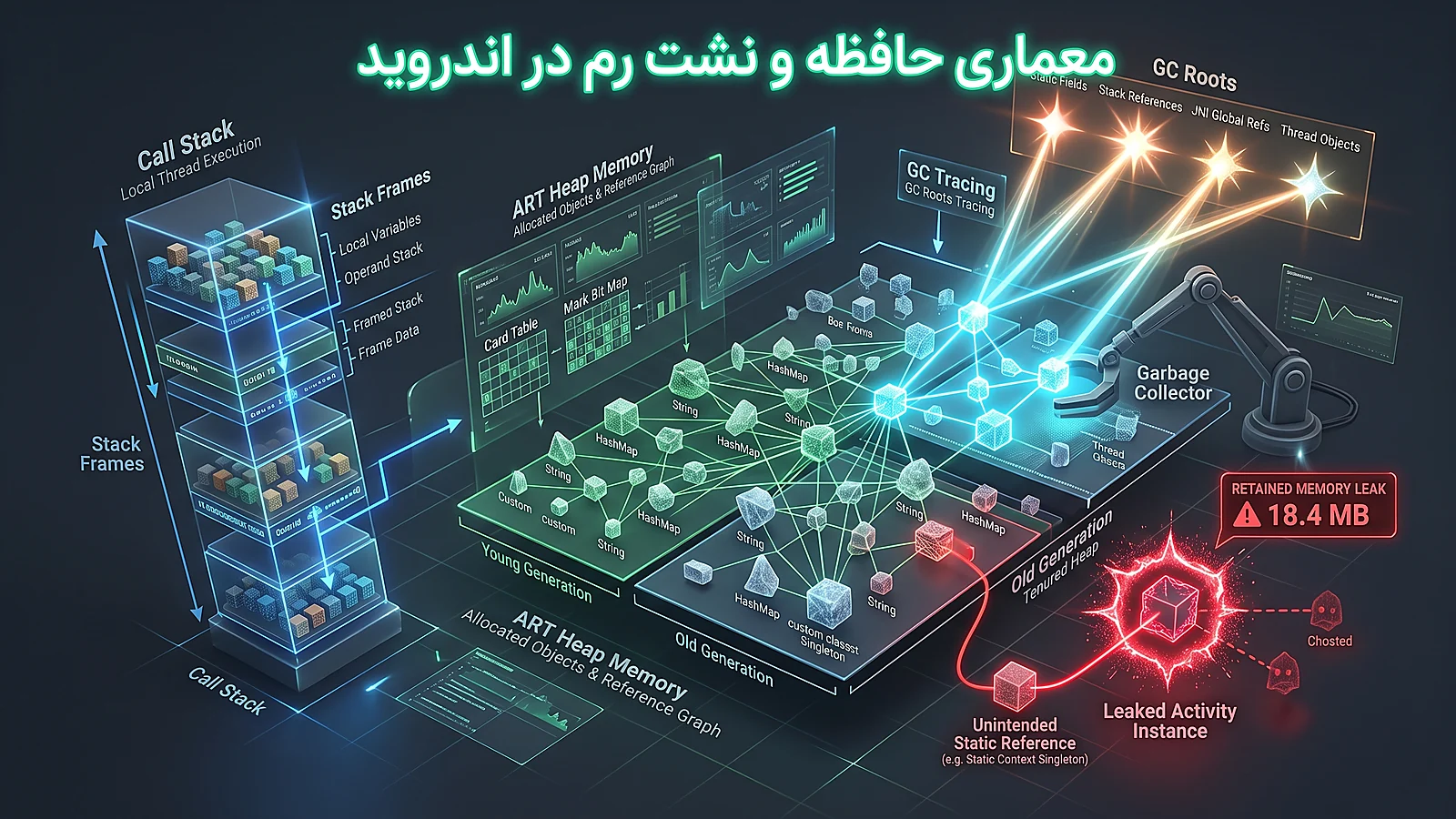 ساختار حافظه هیپ و استک و ریشه های جمع آوری زباله در اندروید
