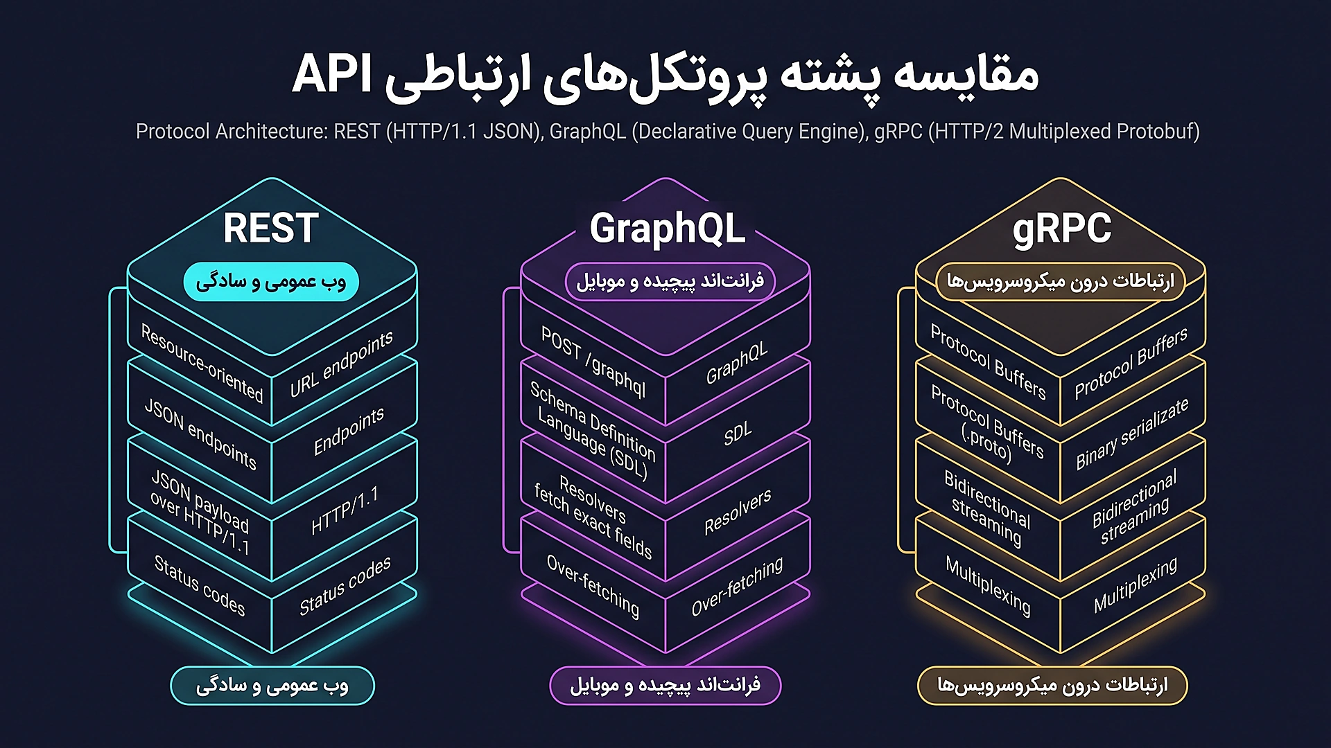 کالبدشکافی پروتکل‌های ارتباطی: پشته معماری REST در برابر GraphQL و gRPC