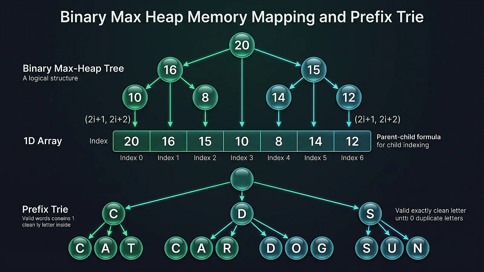 نگاشت ساختار درخت هرم بیشینه Binary Max-Heap روی آرایه و درخت پیشوندی Trie