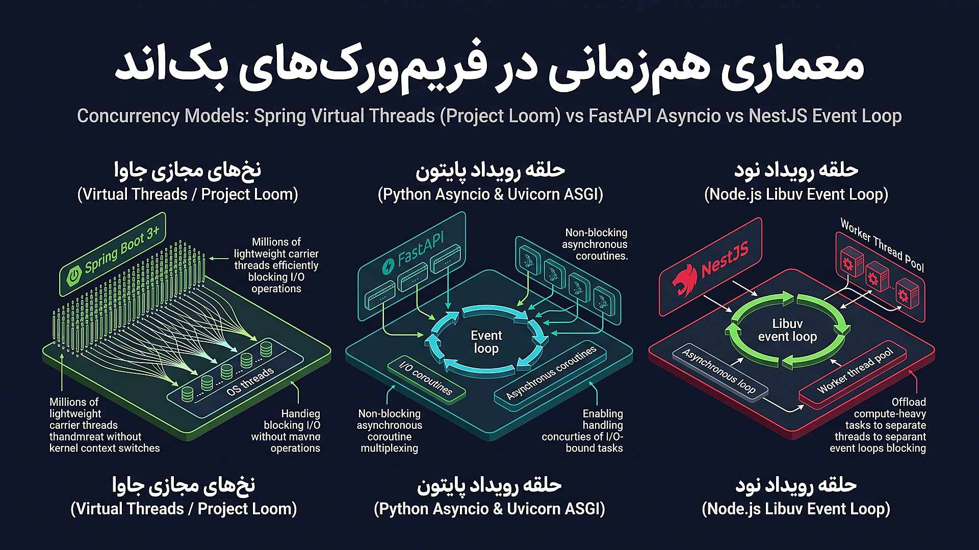 مقایسه معماری هم‌زمانی در اسپرینگ بوت، فست‌ای‌پی‌آی و نست‌جی‌اس