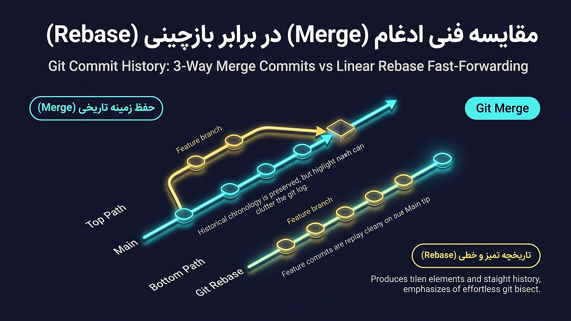 مقایسه فنی ادغام (Merge) در برابر بازچینی (Rebase) تاریخچه کامیت ها