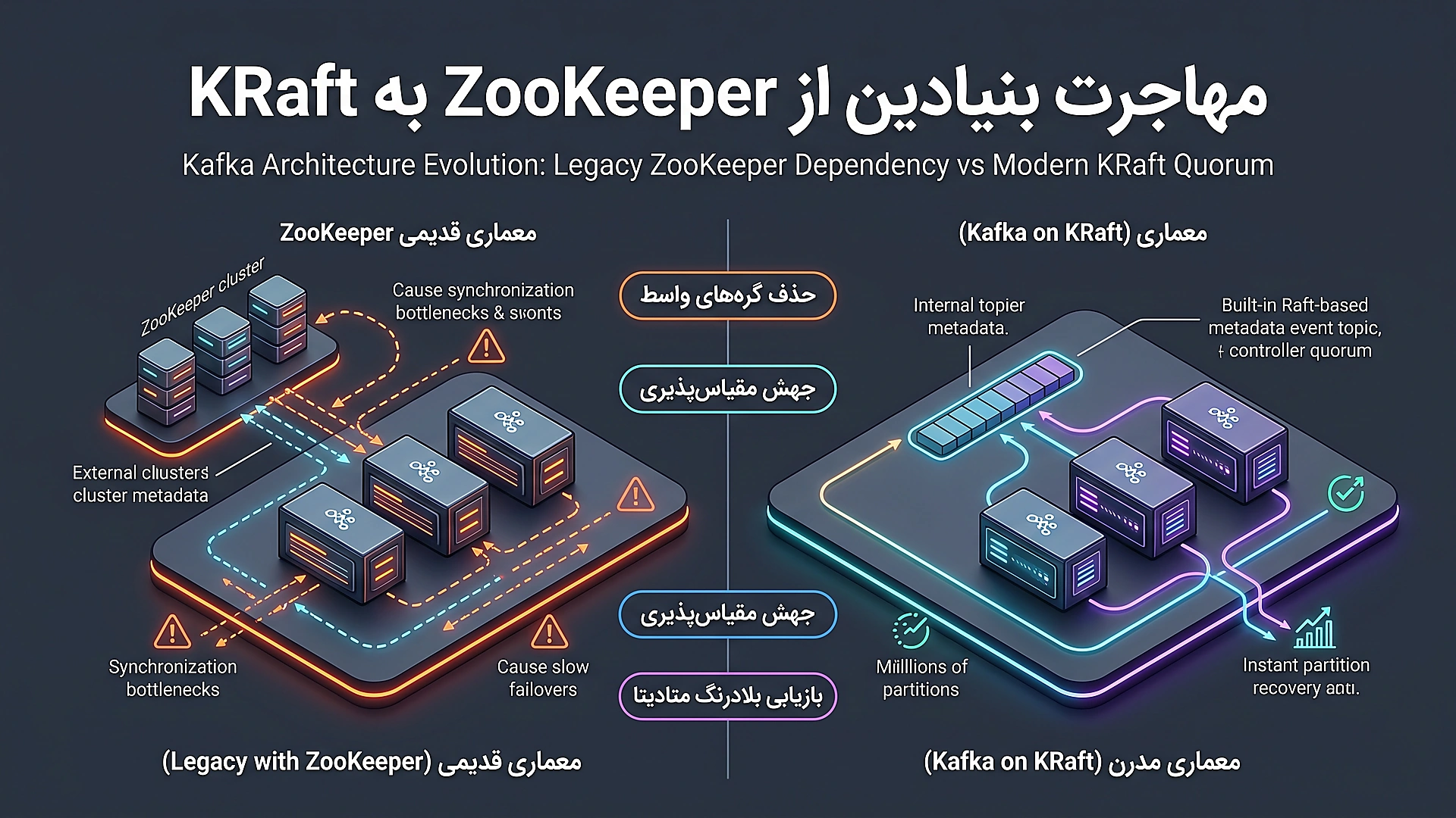 مقایسه معماری متکی بر ZooKeeper با معماری مدرن بر مبنای پروتکل KRaft در کافکا