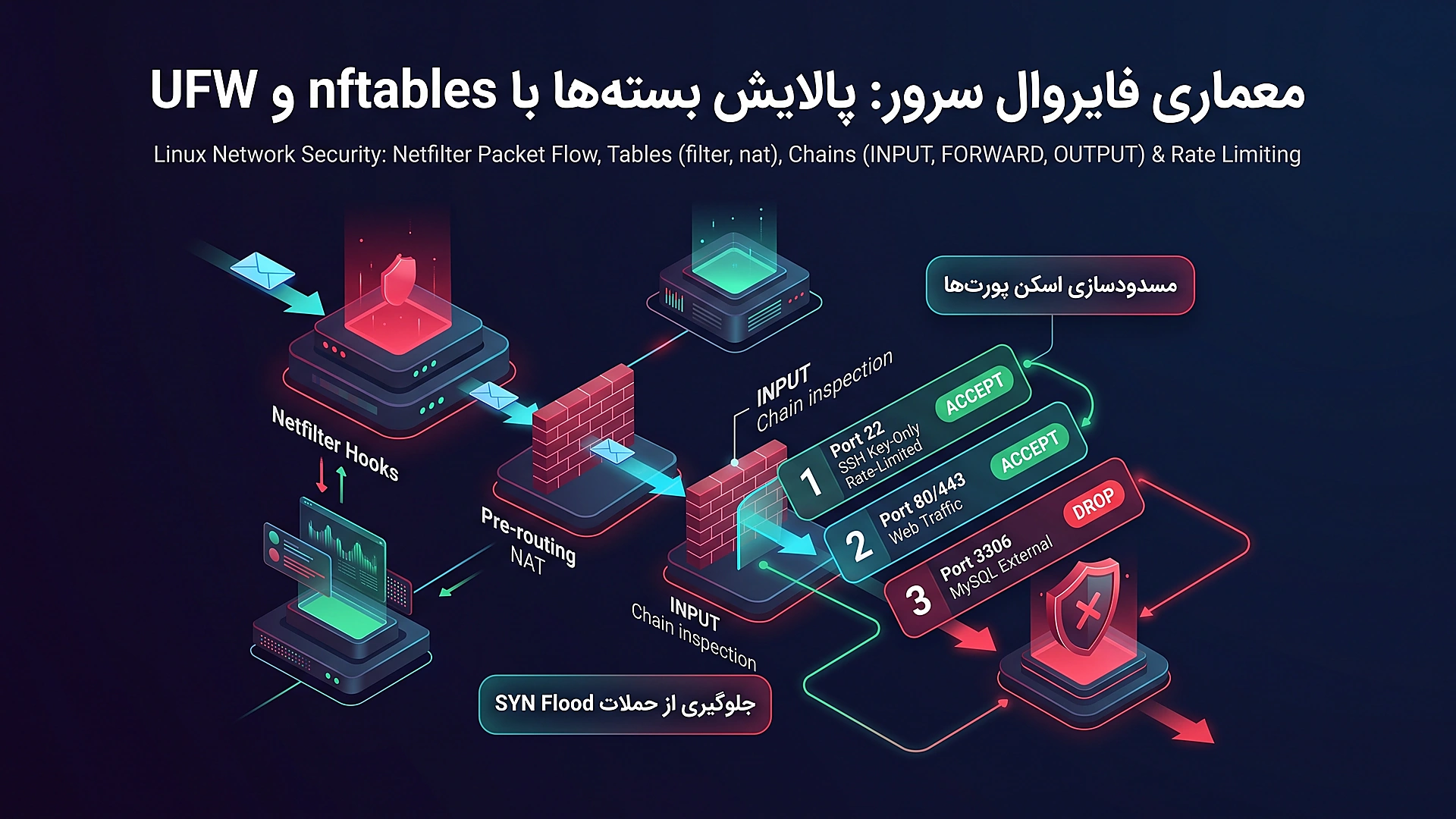 معماری فایروال و مسیریابی بسته‌ها: nftables، iptables و کانفیگ امنیتی سرور