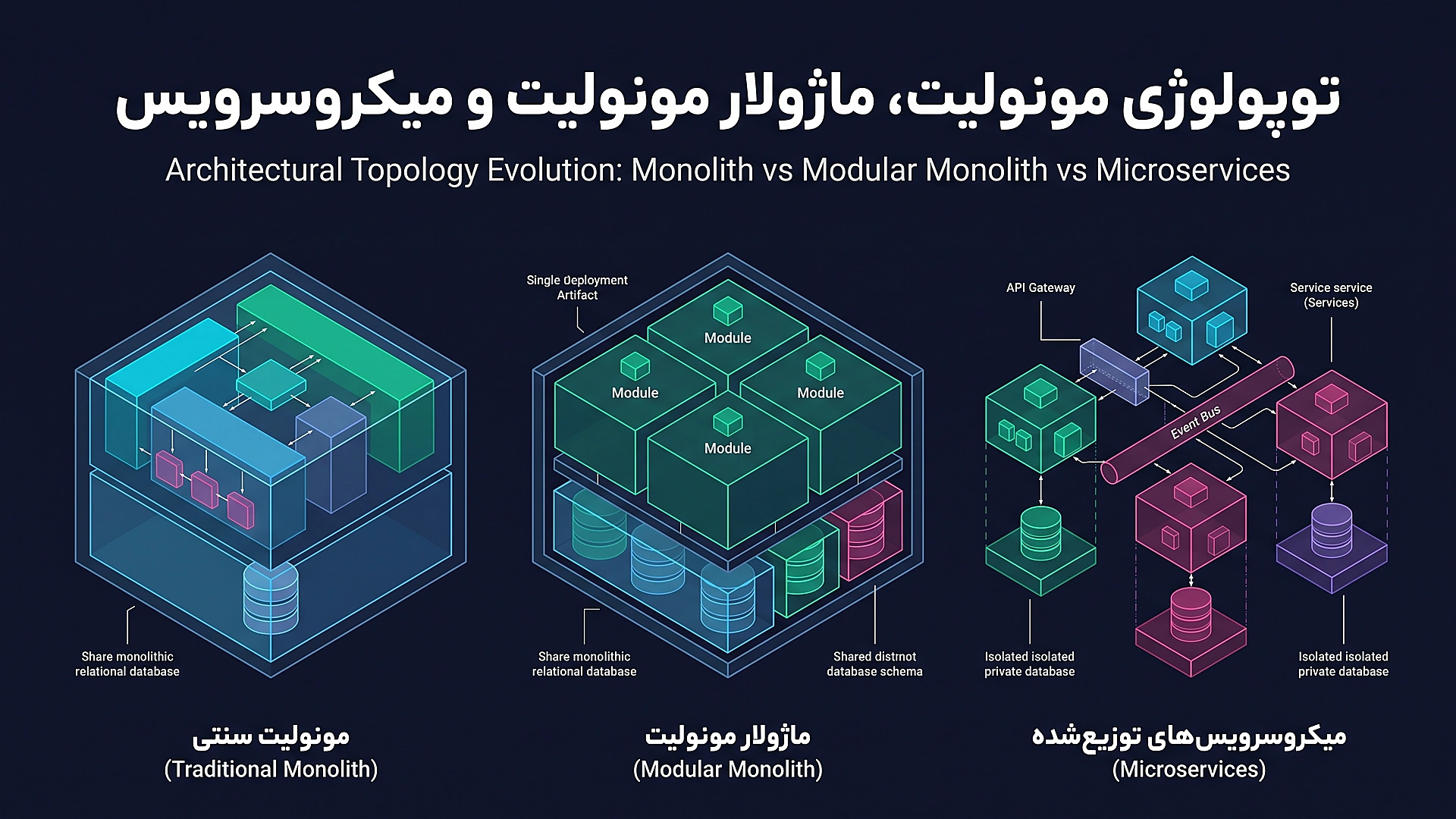 مقایسه توپولوژی مونولیت، ماژولار مونولیت و میکرو سرویس