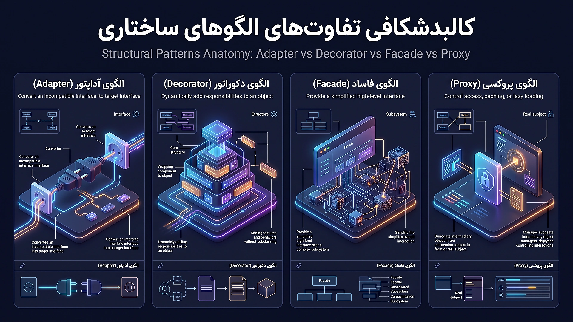 مقایسه معماری الگو های ساختاری Adapter، Decorator، Facade و Proxy