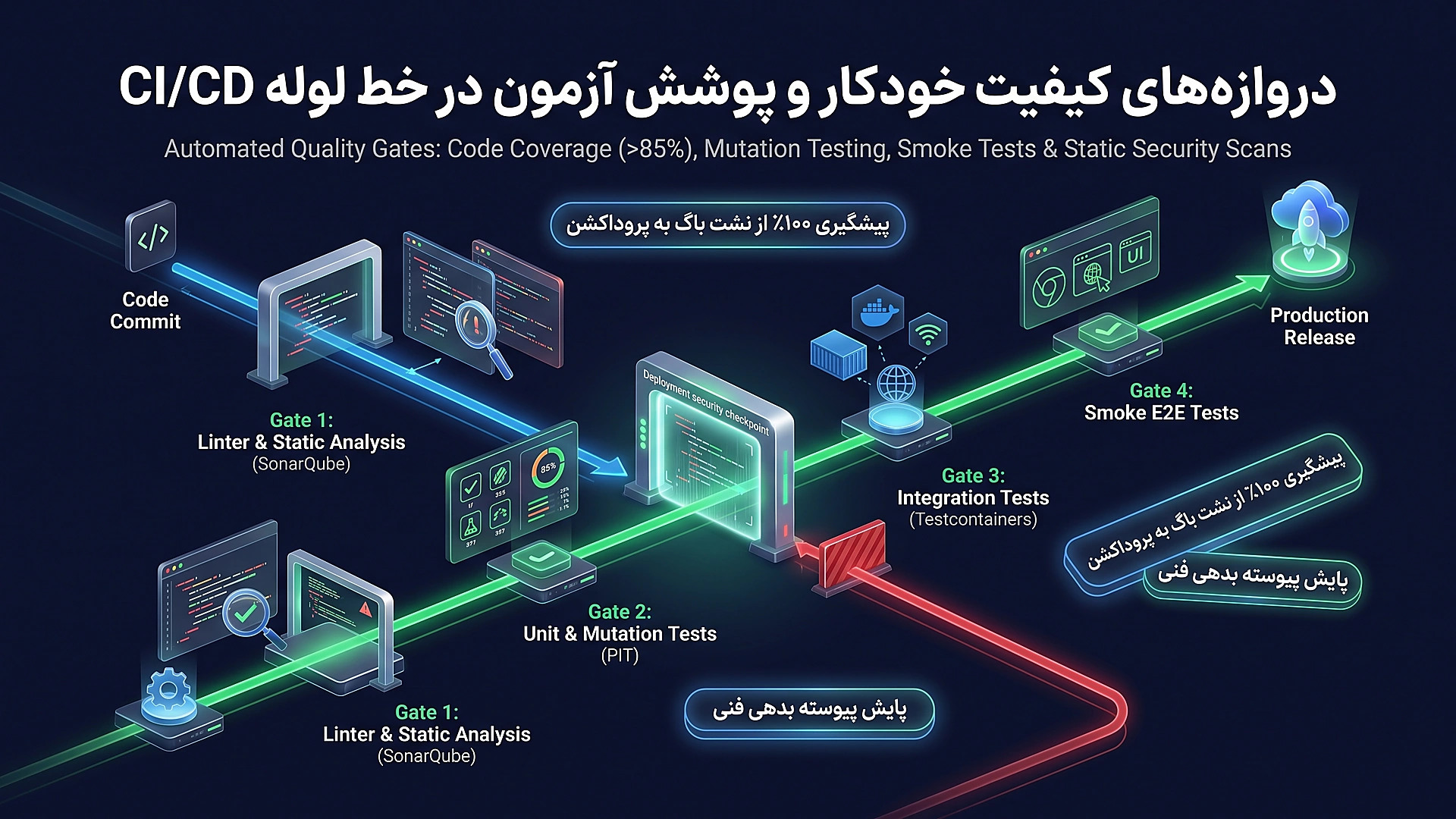 دروازه های کیفیت خودکار در CI/CD: ارزیابی پوشش کد، تحلیل جهش و تست دود